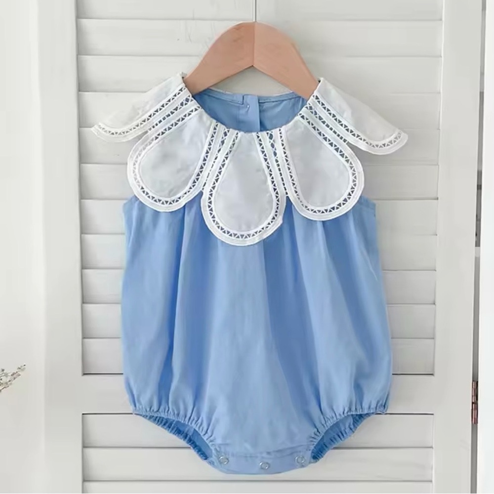 Blue Baby Romper with White Petal Flower Collar